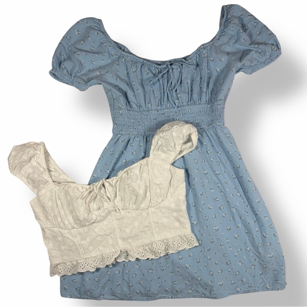 HOLLISTER 2PC Bundle Blue Ditzy Floral Off Shoulder Mini Dress White Crop Top M